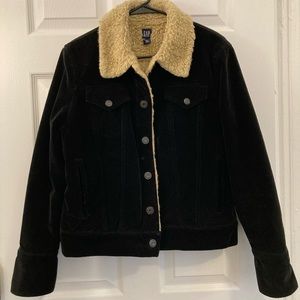 Black velvet jacket with tan faux shearling